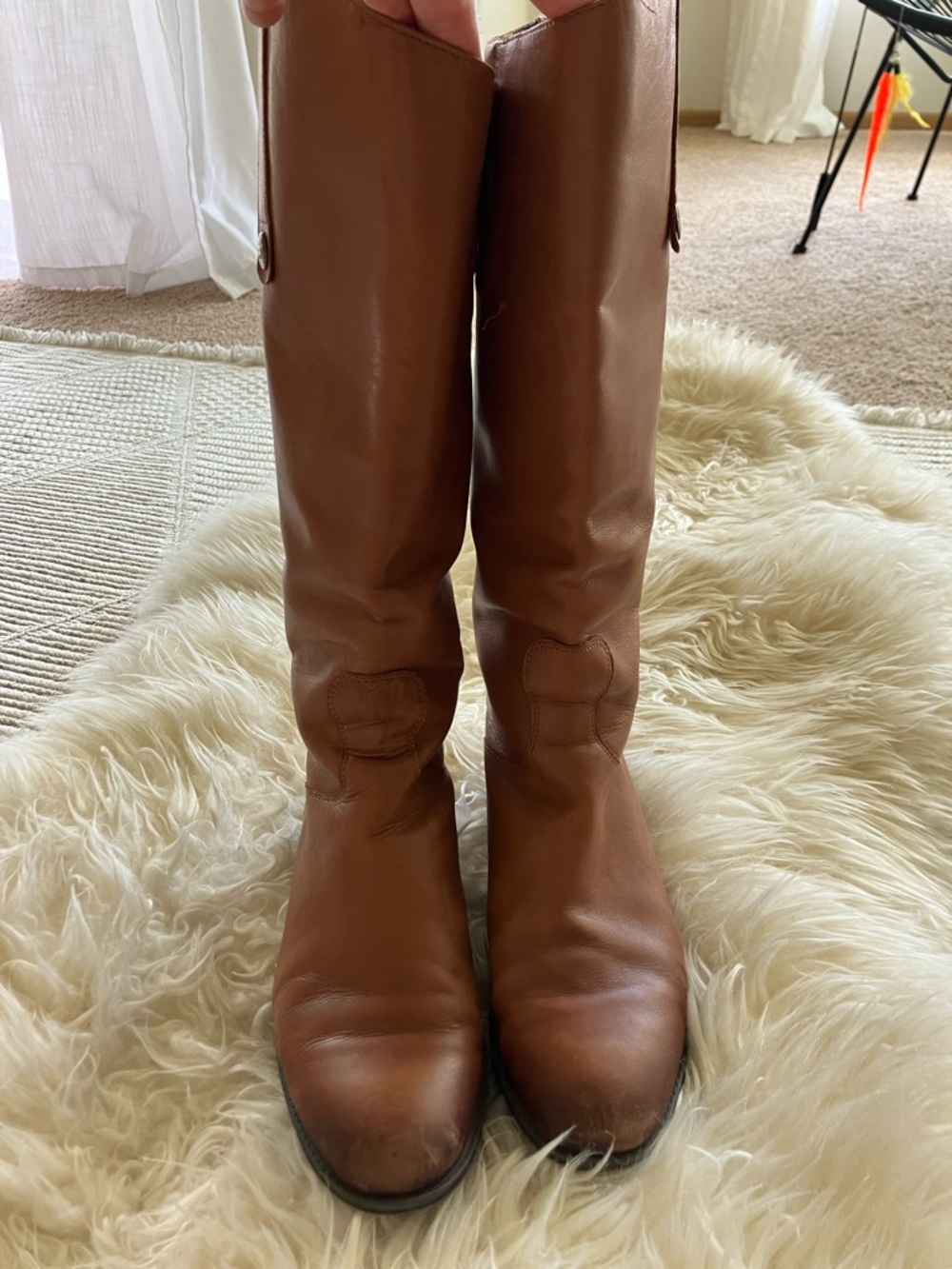 Sam Edelman Tall Leather Riding Boots in Cognac Brown.